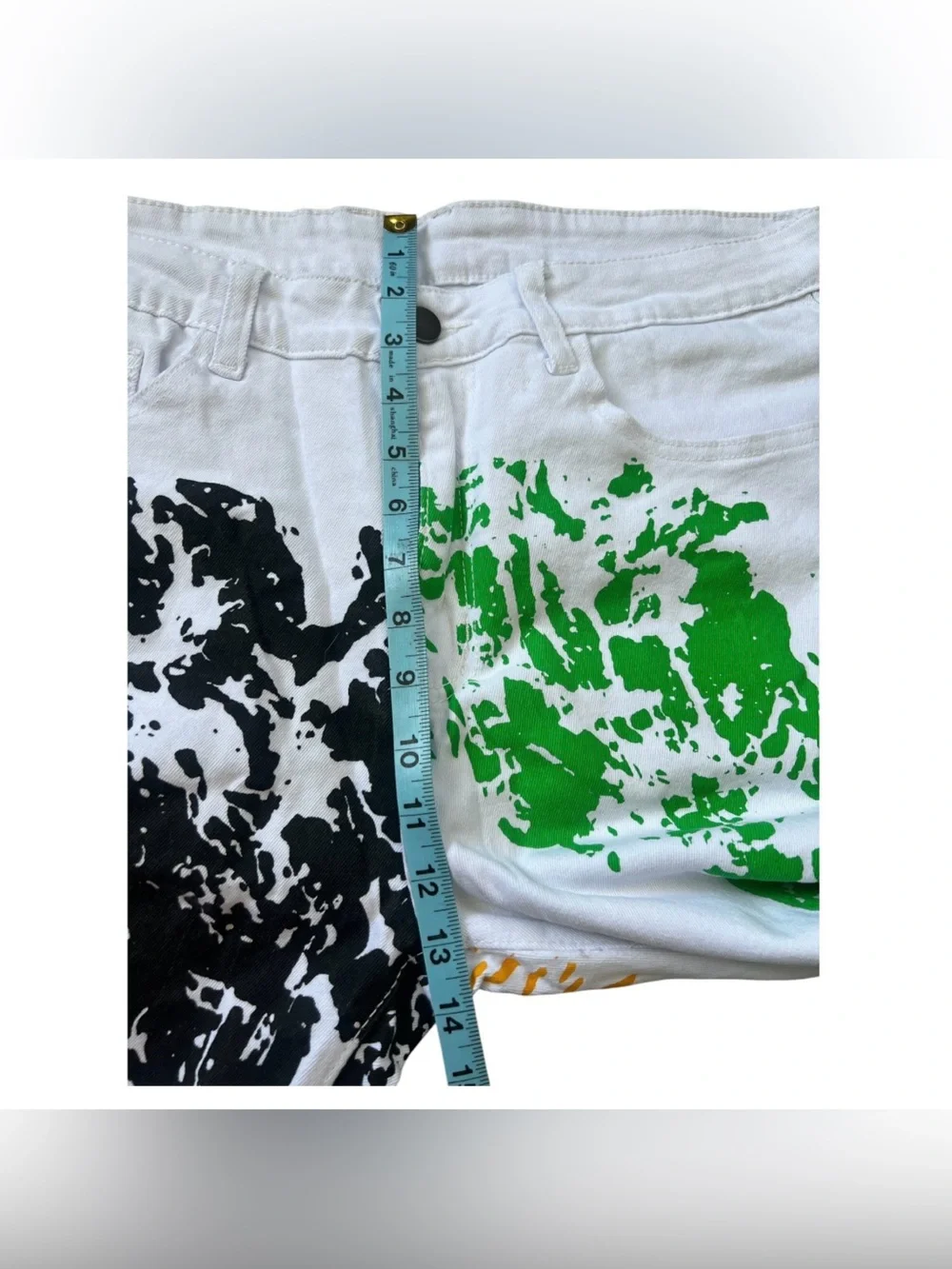 Slim White Men's Jeans with Black, Green & Yellow Graphic Prints